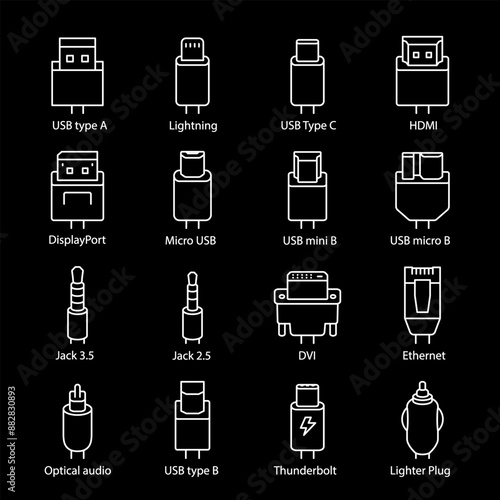 Cable connectors, white line icons. Different types of device connection interfaces. Essential for electronics and IT visuals. Symbols on black background. Editable stroke.