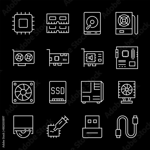 Computer hardware , white line icons. PC building and hardware elements. Ideal for technology and IT visuals. Symbols on black background. Editable stroke.