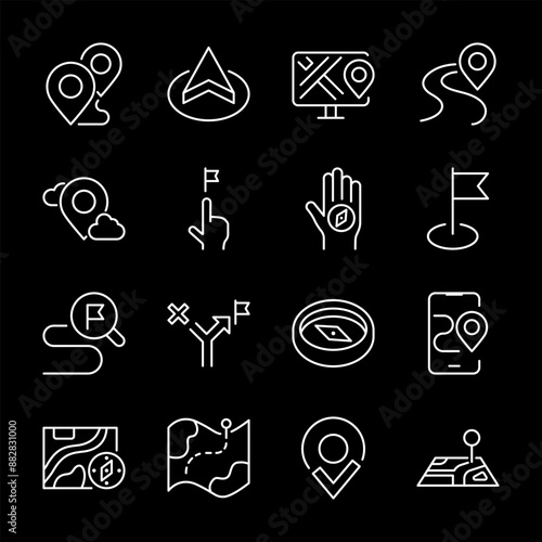Navigation and geolocation, white line icons. Map pins, ground positioning, and destination data. Ideal for travel and tech themes. Symbols on black background. Editable stroke.