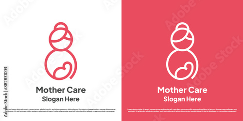 Mother and baby love logo design illustration. Silhouette of a mother holding a child with tender maternal affection linear line. Minimal geometric soft feminine abstract people emotion icon symbol.