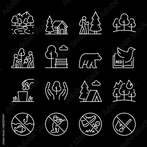 Nature reserves, white line icons. Wildlife refuges, protected ecological areas, and resting places. environmental and travel. Symbols on black background. Editable stroke.