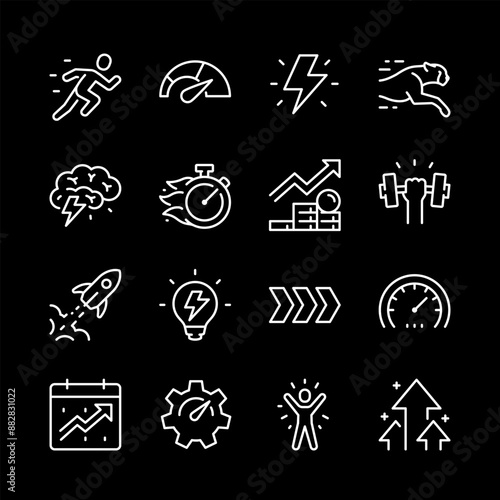 Performance, white line icons. depicting productivity and efficiency, strength and speed. Ideal for business and self-improvement themes. Symbols on black background. Editable stroke.