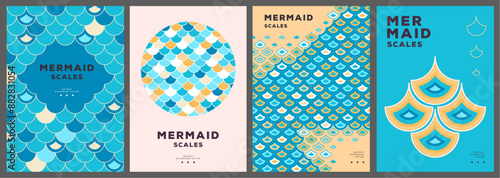 Set of summer disco posters or covers with mermaid scale abstract texture. Vector illustration