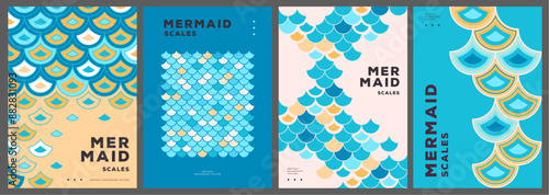 Set of summer disco posters or covers with mermaid scale abstract texture. Vector illustration