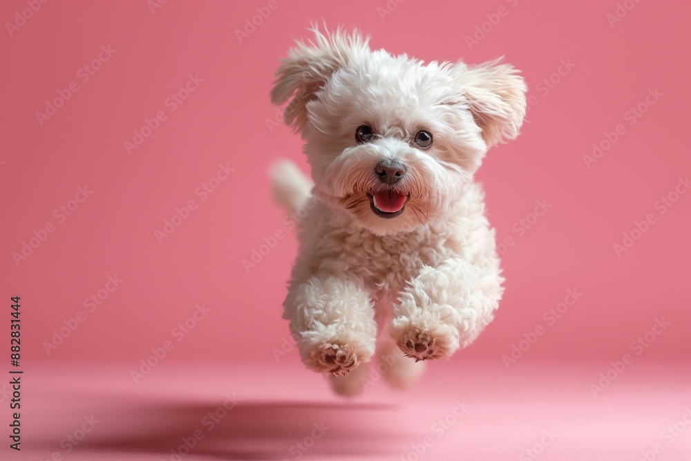 A joyful white poodle leaping in the air against a light pink background.
A joyful white poodle leaping in the air against a light pink background.