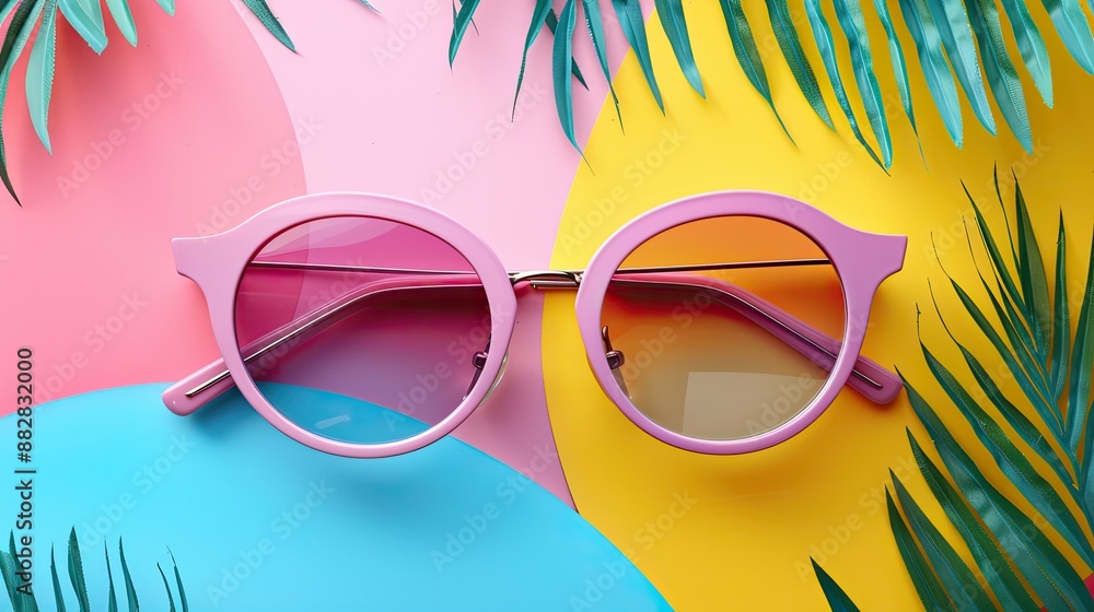 Trendy round-frame glasses with summer sale banner, vibrant, colorful backdrop Trendy round-frame glasses with summer sale banner, vibrant, colorful backdrop