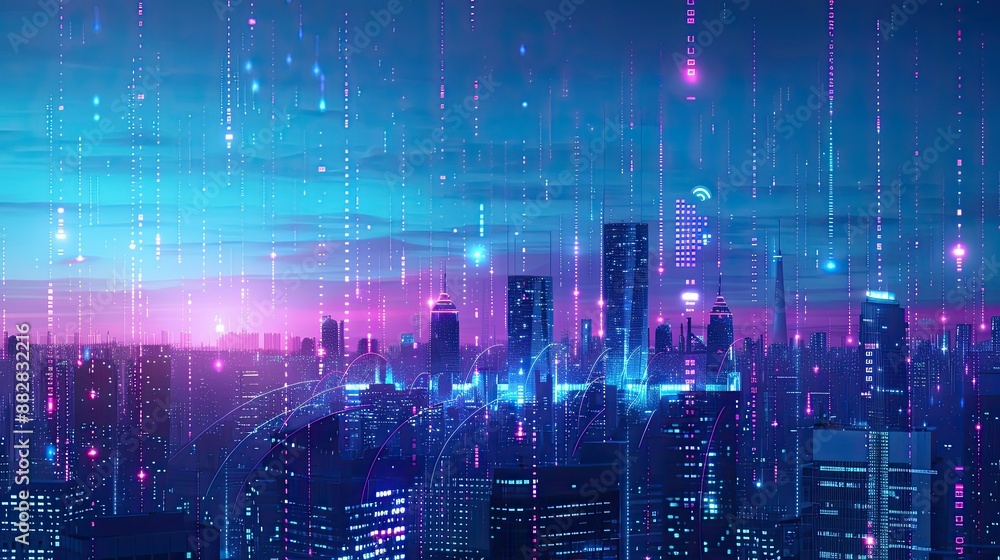 Fototapeta premium Urban skyline with futuristic communication network illustrations, cityscape with tech icons