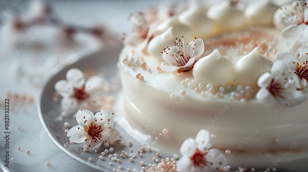 Elegant White Cake Decorated with Delicate Blossoms and Pearls Elegant White Cake Decorated with Delicate Blossoms and Pearls