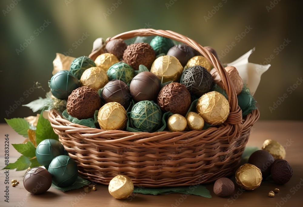 A wicker basket brimming with an assortment of chocolate candies A wicker basket brimming with an assortment of chocolate candies