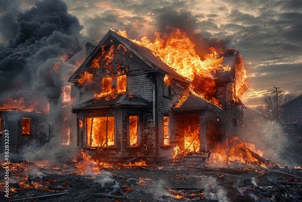 Obraz premium A house engulfed in flames with smoke rising into the sky.