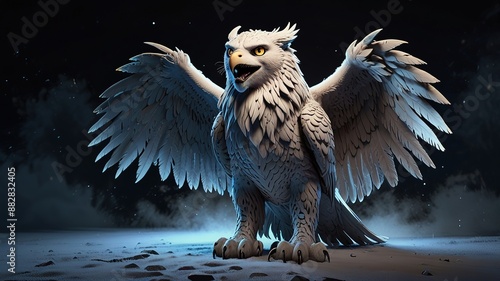 A mythical creature, a type of gryphon, head of a lion, wings of a snow owl. 3D rendering