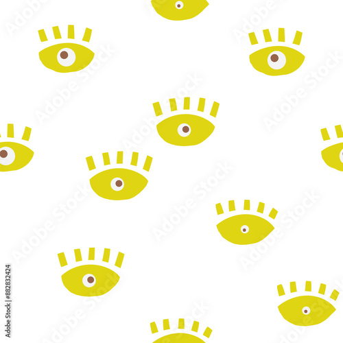 Cute ethnic, tribal seamless pattern. Funny hand drawn doodle repeatable pattern with open eyes with lashes. Rustic boho amulet background