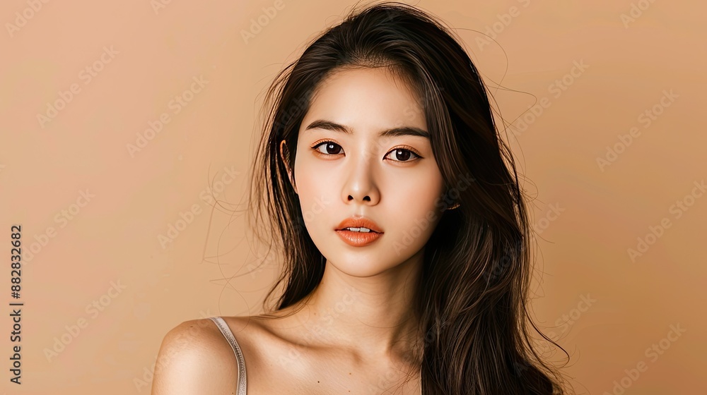 Fototapeta premium Young Asian beauty model with long hair, Korean makeup, smooth skin, beige backdrop, focus on facial aesthetics