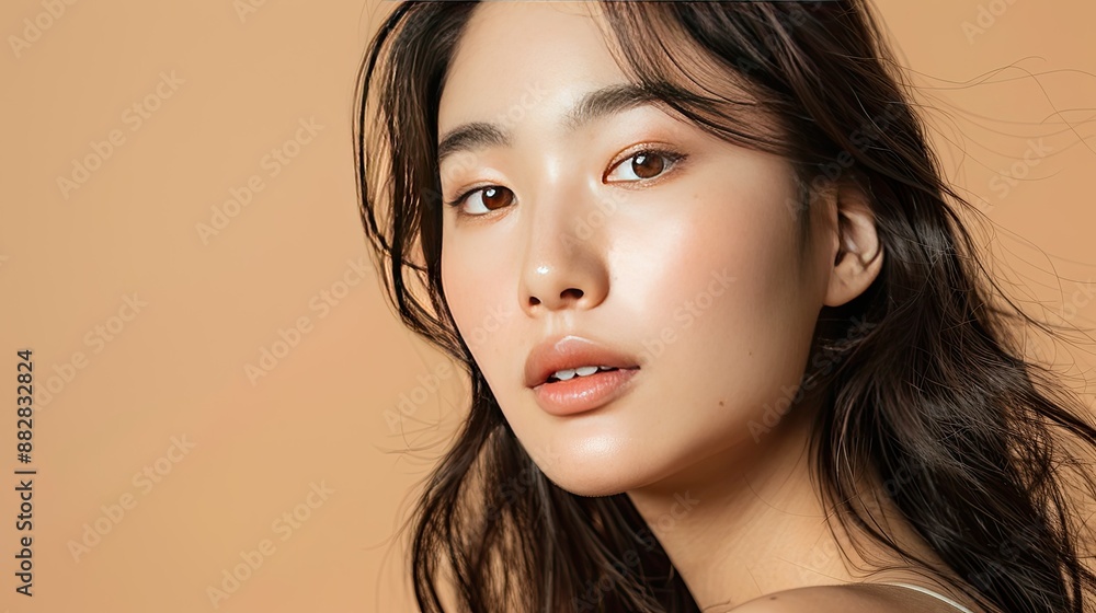 Young Asian woman with long hair, Korean makeup, perfect skin, beige background, focus on spa and skincare Young Asian woman with long hair, Korean makeup, perfect skin, beige background, focus on spa and skincare