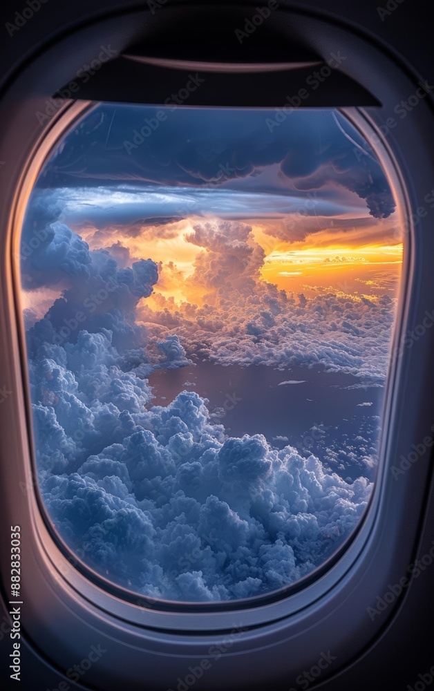 Obraz premium Stunning sunset cloudscape viewed from an airplane window.