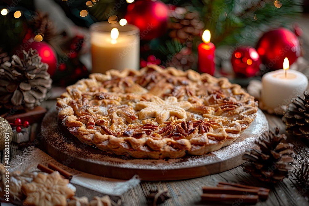 Homemade pie on festive table with decorations Homemade pie on festive table with decorations