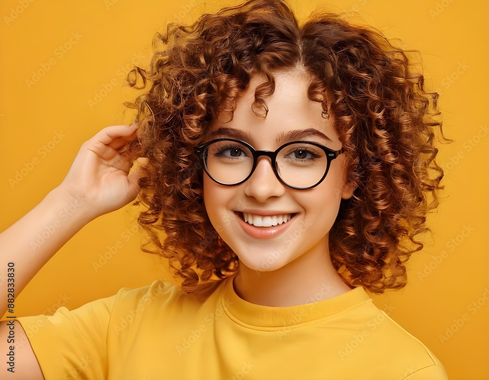 Obraz premium Smiling Woman With Curly Hair Wearing Glasses Against A Yellow Background
