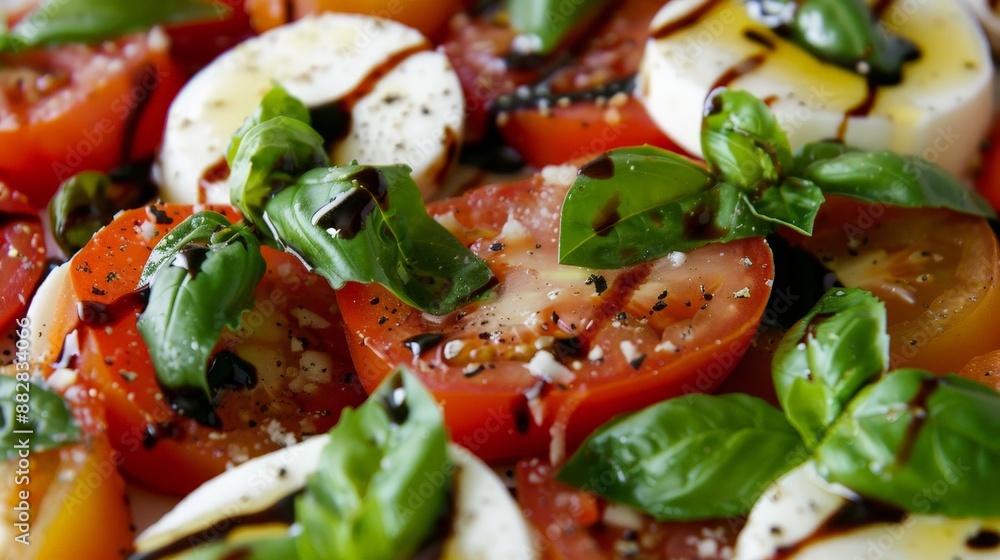 A delicious caprese salad, featuring ripe tomatoes, fresh mozzarella, basil leaves, and a drizzle of balsamic reduction. A delicious caprese salad, featuring ripe tomatoes, fresh mozzarella, basil leaves, and a drizzle of balsamic reduction.