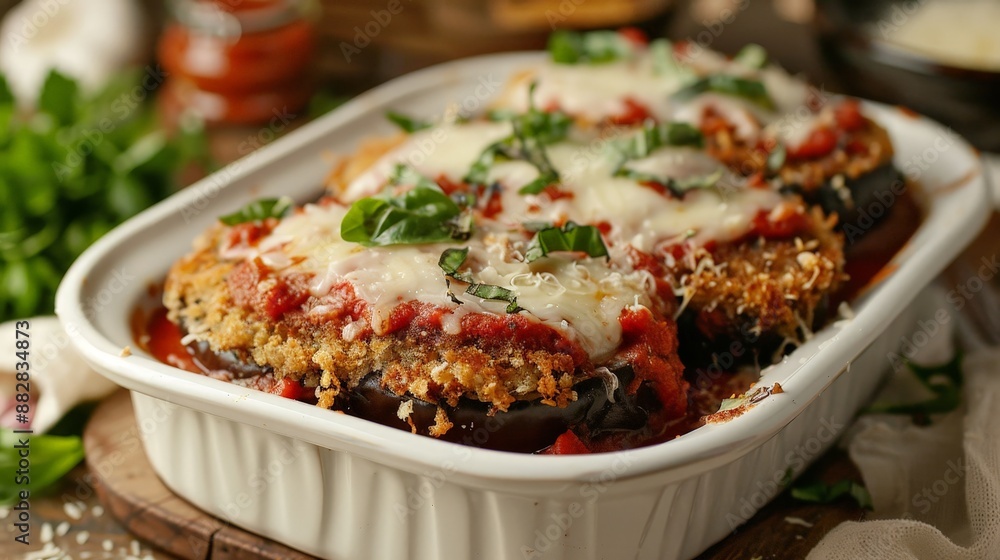 A delicious eggplant parmesan, with layers of breaded eggplant, marinara sauce, and melted mozzarella. A delicious eggplant parmesan, with layers of breaded eggplant, marinara sauce, and melted mozzarella.