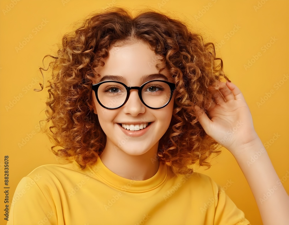Fototapeta premium Smiling Woman With Curly Hair Wearing Glasses Against A Yellow Background