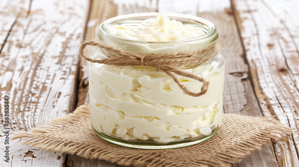 Whipped Cream Jar. A clear glass jar filled with white whipped cream, adorned with a rustic twine bow, rests on a wooden surface. Whipped Cream Jar. A clear glass jar filled with white whipped cream, adorned with a rustic twine bow, rests on a wooden surface.