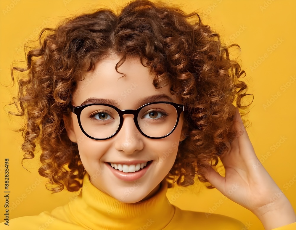 Obraz premium Smiling Woman With Curly Hair Wearing Glasses Against A Yellow Background