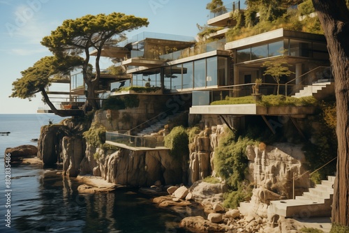 Modern architecture with balconies, greenery, and ocean views nestled in a rocky cliff. © Edik