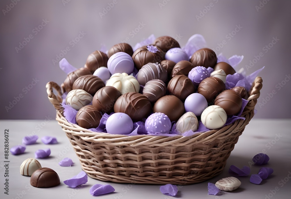 A wicker basket brimming with an assortment of chocolate candies - high detail, Lavender-&-silver color, blurry, muted colors, long exposition motion blur A wicker basket brimming with an assortment of chocolate candies - high detail, Lavender-&-silver color, blurry, muted colors, long exposition motion blur