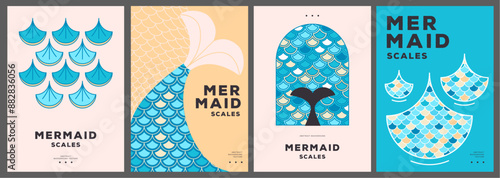 Set of summer disco posters or covers with mermaid scale abstract texture.Vector illustration