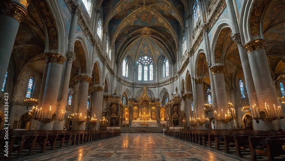 A majestic cathedral interior with soaring vaulted ceilings, detailed frescoes and mosaics, and a grand altar with gold accents, flanked by tall candles and intricate carvings A majestic cathedral interior with soaring vaulted ceilings, detailed frescoes and mosaics, and a grand altar with gold accents, flanked by tall candles and intricate carvings