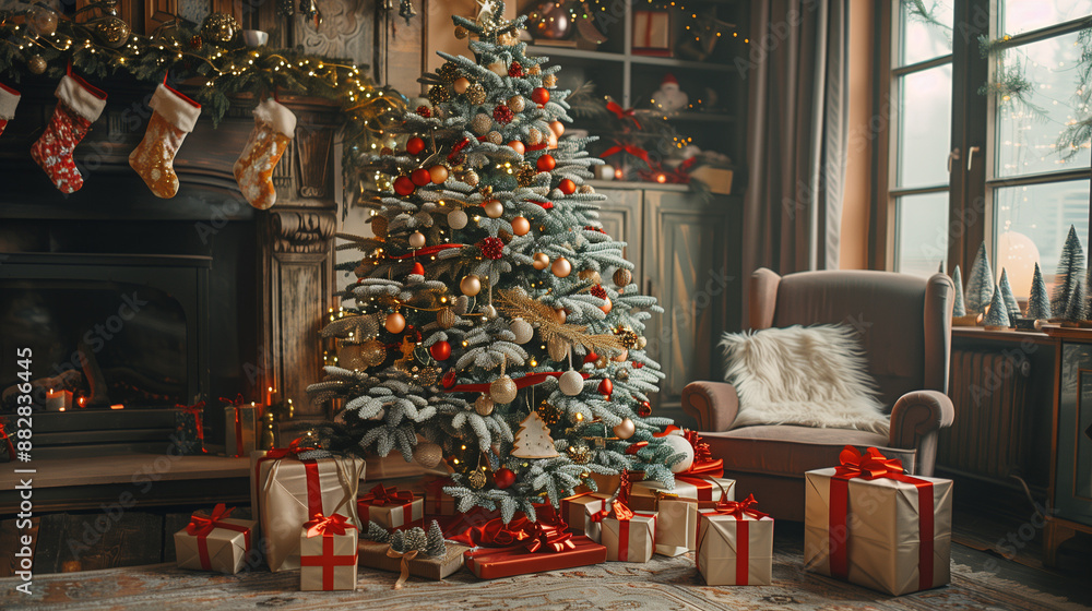 A beautifully decorated Christmas tree with numerous gifts underneath. Merry Christmas and Happy New Year concept. A beautifully decorated Christmas tree with numerous gifts underneath. Merry Christmas and Happy New Year concept.