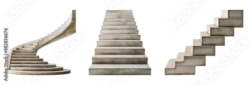 Collection of modern concrete/ cement staircase designs. Isolated on a transparent background.