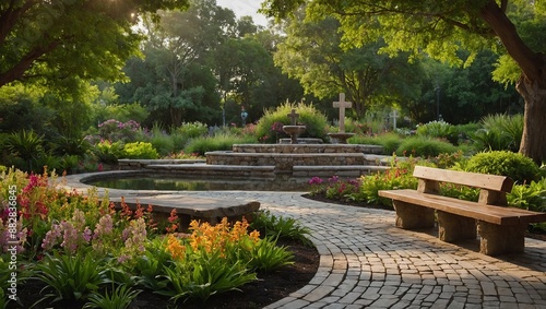 Fototapeta Naklejka Na Ścianę i Meble -  A scenic outdoor prayer garden featuring a stone pathway winding through lush greenery, a central fountain, and a large wooden cross surrounded by vibrant flowers and peaceful benches for reflection