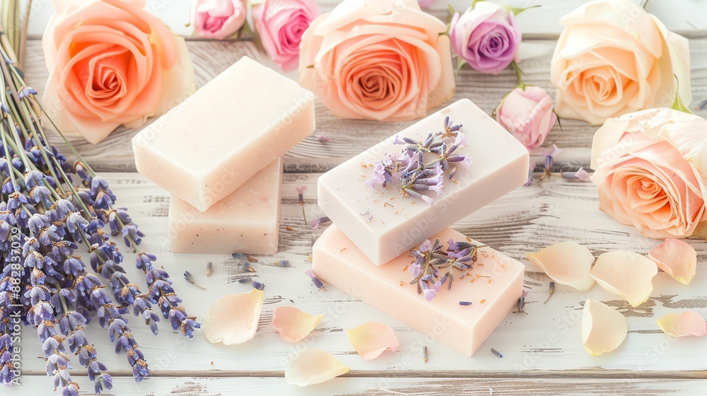 Elegant display of natural soaps with dried lavender and roses, natural soap, perfect for a romantic gift Elegant display of natural soaps with dried lavender and roses, natural soap, perfect for a romantic gift