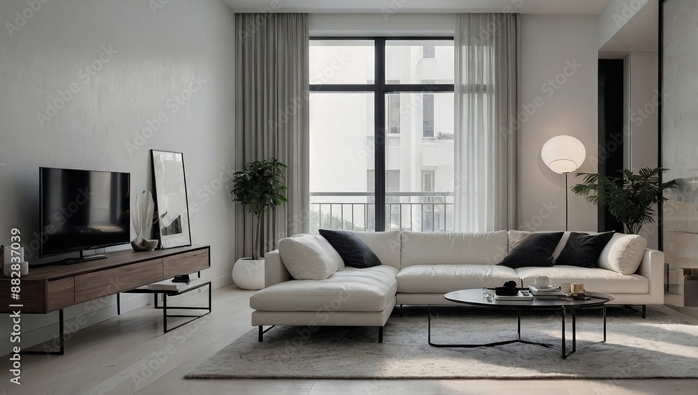A modern minimalist apartment with white walls, sleek furniture, and sparse decorations, emphasizing clean lines and open spaces. A modern minimalist apartment with white walls, sleek furniture, and sparse decorations, emphasizing clean lines and open spaces.