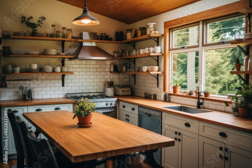 a kitchen with a wooden table and a potted plant