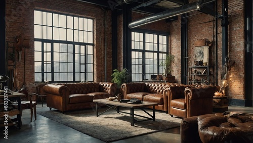 An industrial loft apartment with exposed brick walls, metal beams, and large windows, complemented by leather furniture and vintage decor