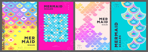 Set of summer disco posters or covers with holographic mermaid scale abstract texture. Vector illustration