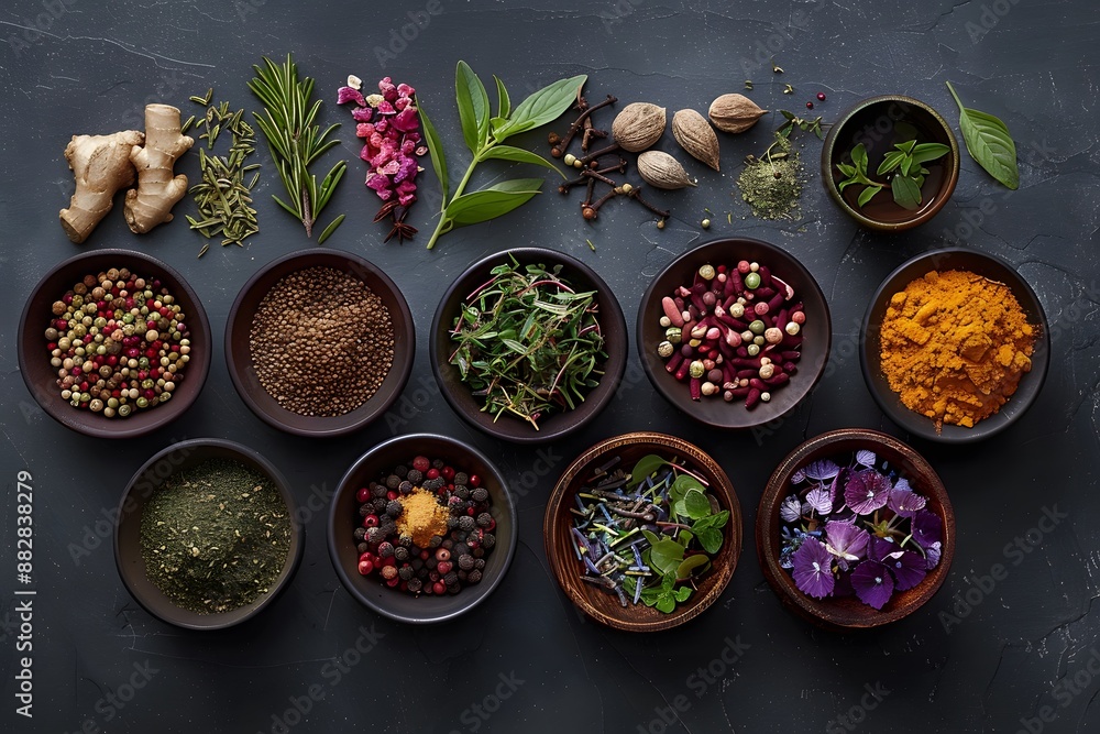 Assorted Fresh Herbs and Spices in Wooden Bowls on Dark Background Assorted Fresh Herbs and Spices in Wooden Bowls on Dark Background