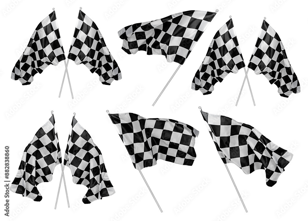 Set collection of waving and crossed black white chequered or checkered flag with wooden stick motorsport sport racing concept isolated background