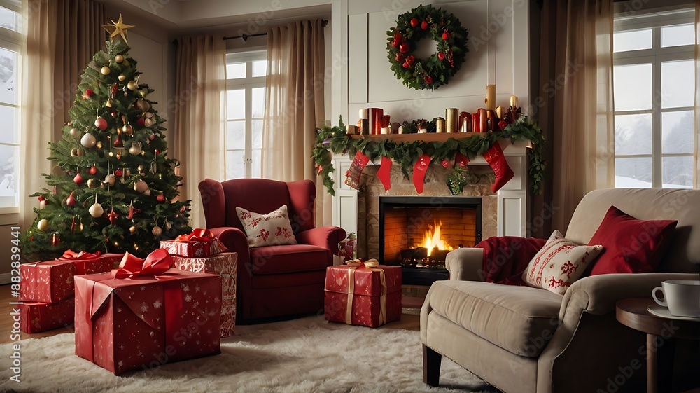 Merry Christmas banner with presents & Happy New Year, Christmas living room background Merry Christmas banner with presents & Happy New Year, Christmas living room background