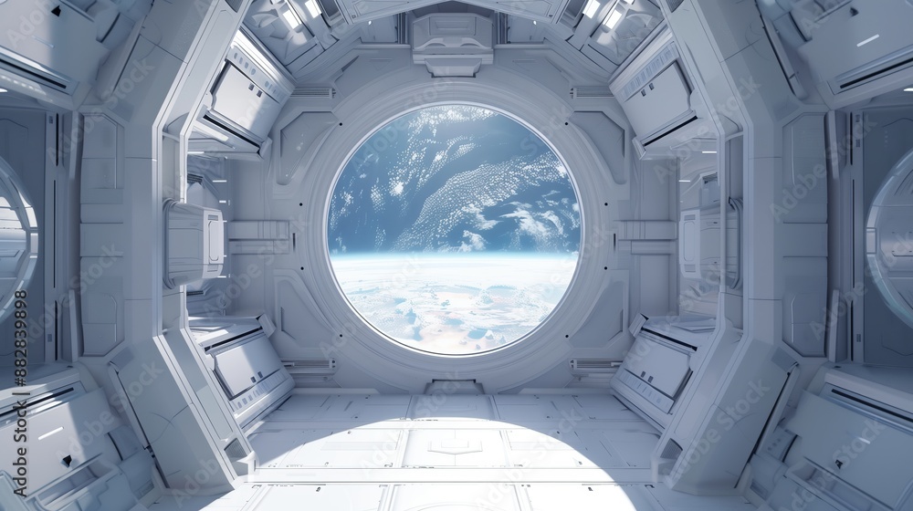 Fototapeta premium A futuristic space station interior features a large circular window showcasing a stunning view of Earth from space.