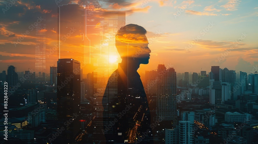 Silhouette of businessman with sunrise overlaid with cityscape, capturing the blend of business success and urban living. Silhouette of businessman with sunrise overlaid with cityscape, capturing the blend of business success and urban living.