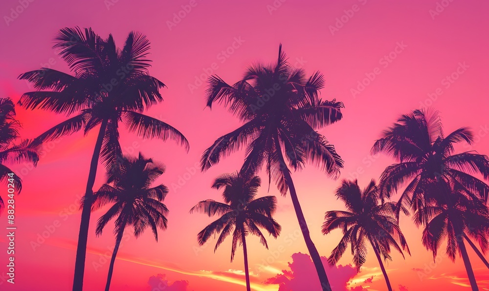 Obraz premium Pink sky with silhouetted palm trees , Generative AI