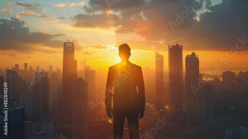 Silhouette of businessman with sunrise overlaid with cityscape, capturing the blend of business success and urban dynamics.