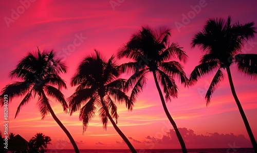 Pink sky with silhouetted palm trees , Generative AI