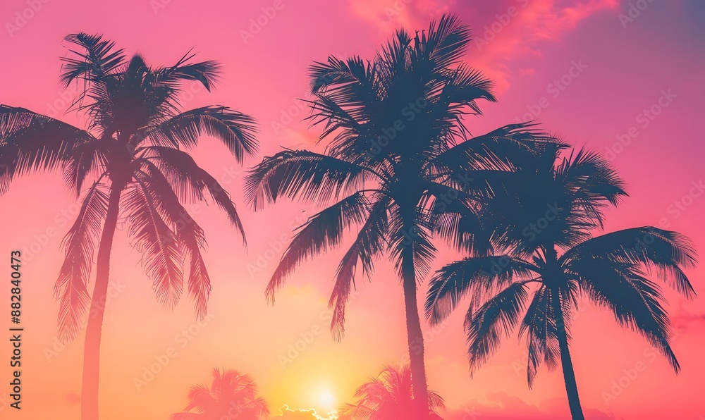 Obraz premium Pink sky with silhouetted palm trees , Generative AI