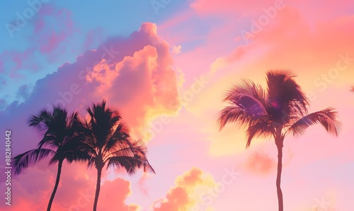 Pink sky with silhouetted palm trees , Generative AI