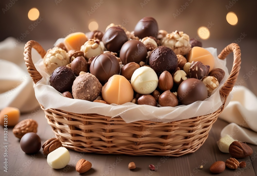 wicker basket brimming with an assortment of chocolate truffles and nuts - high detail, Peach-&-cream color, blurry, muted colors, long exposition motion blur wicker basket brimming with an assortment of chocolate truffles and nuts - high detail, Peach-&-cream color, blurry, muted colors, long exposition motion blur