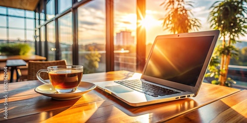Laptop device placed on a shiny wooden table next to the coffee mug and tea glass. Sunshine coming through the window. Remote working, online freelancing, cafeteria or cafe interior, break from work